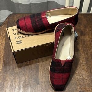 TOMS The Venice Collection Red Plaid Felt On Leather Slip-Ons